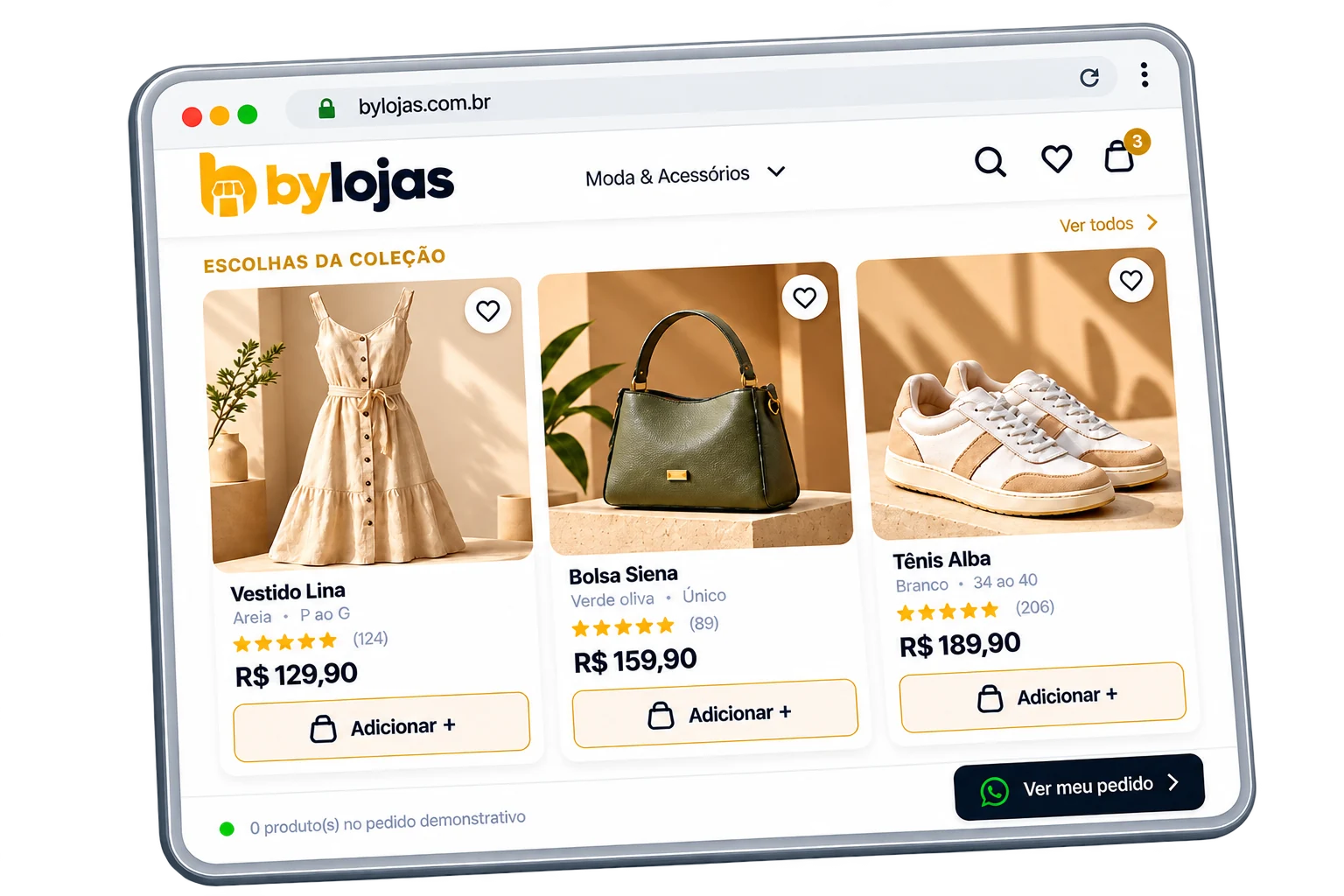 Exemplo visual de loja virtual Bylojas com produtos de moda, preços e carrinho de pedidos pelo WhatsApp.